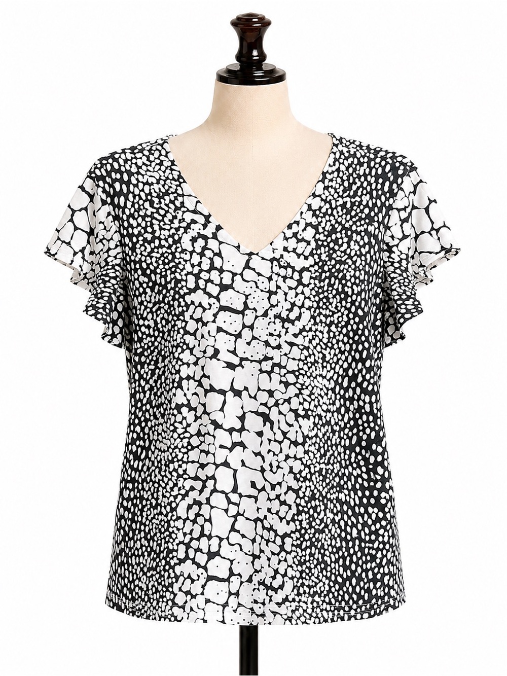 Chico's Black and White V-Neck Flutter Sleeve Blouse